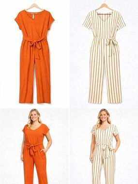 Womens Short Sleeve Tie-Waist Jumpsuit - Salmon and White stripped Gold (2pack)